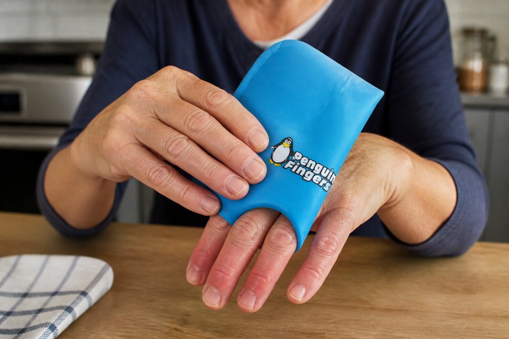 Person's hands applying a reusable cold gel pack to swollen fingers at a kitchen table, with the cold pack clearly visible against the skin and fingers showing mild inflammation