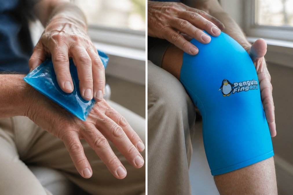 Close-up of hands demonstrating proper technique, one hand holding a cold gel pack against swollen knuckles while the other hand shows the application angle, with natural window lighting illuminating the joint area