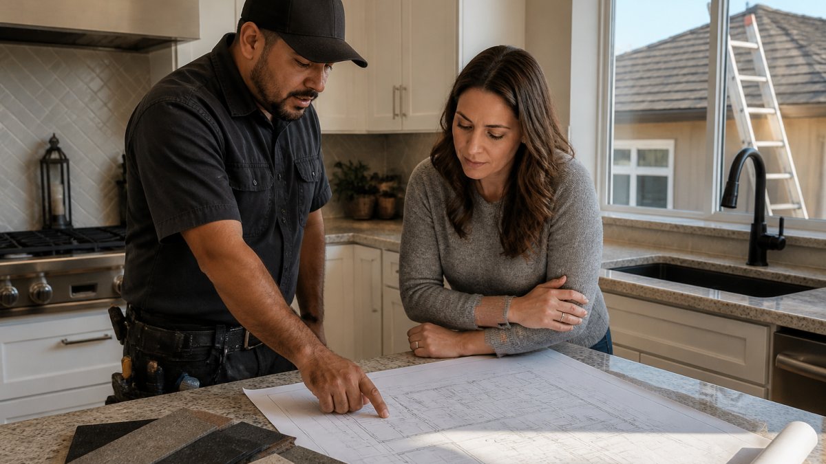 A contractor in work clothes reviewing blueprints with a homeowner at a kitchen island, roofing shingles and a ladder visible through the window behind them, warm afternoon light