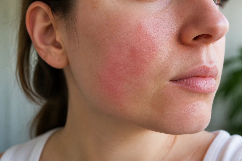 Close-up of a person's face showing mild redness and sensitive skin texture with natural morning light, demonstrating early signs of skin irritation on the cheek area