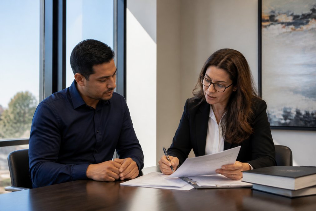 A person and their attorney reviewing legal paperwork together at a conference table, both focused on the documents, natural light from a window, professional setting conveying preparation and focused legal support