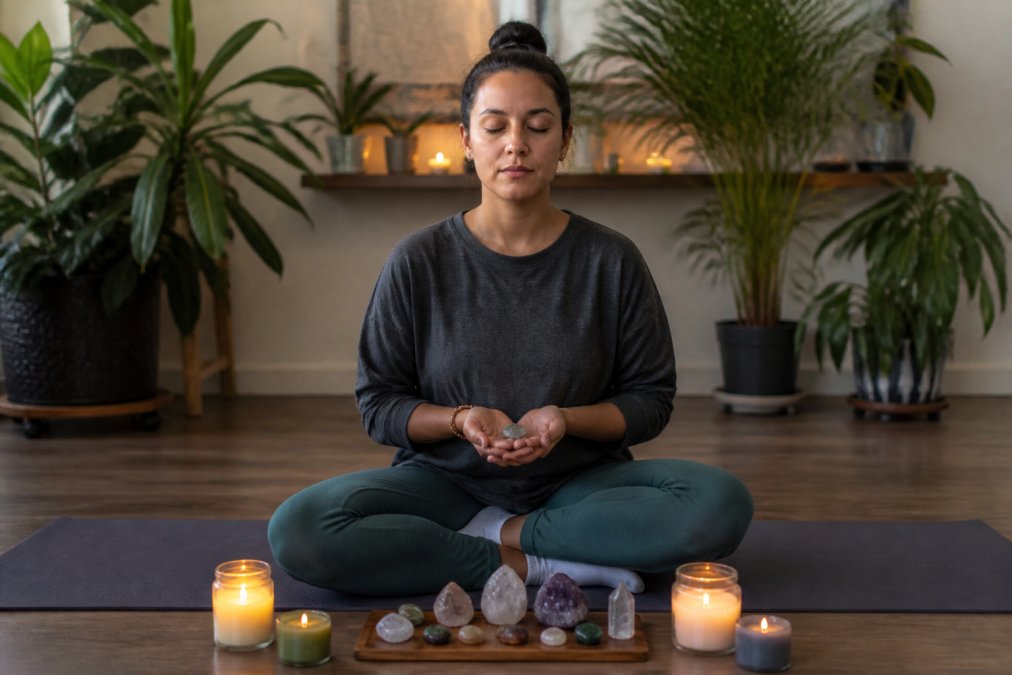 A person sitting cross-legged on a yoga mat holding a small tumbled crystal in cupped hands, eyes closed in meditation, with candles and additional crystals arranged in front of them in warm candlelight