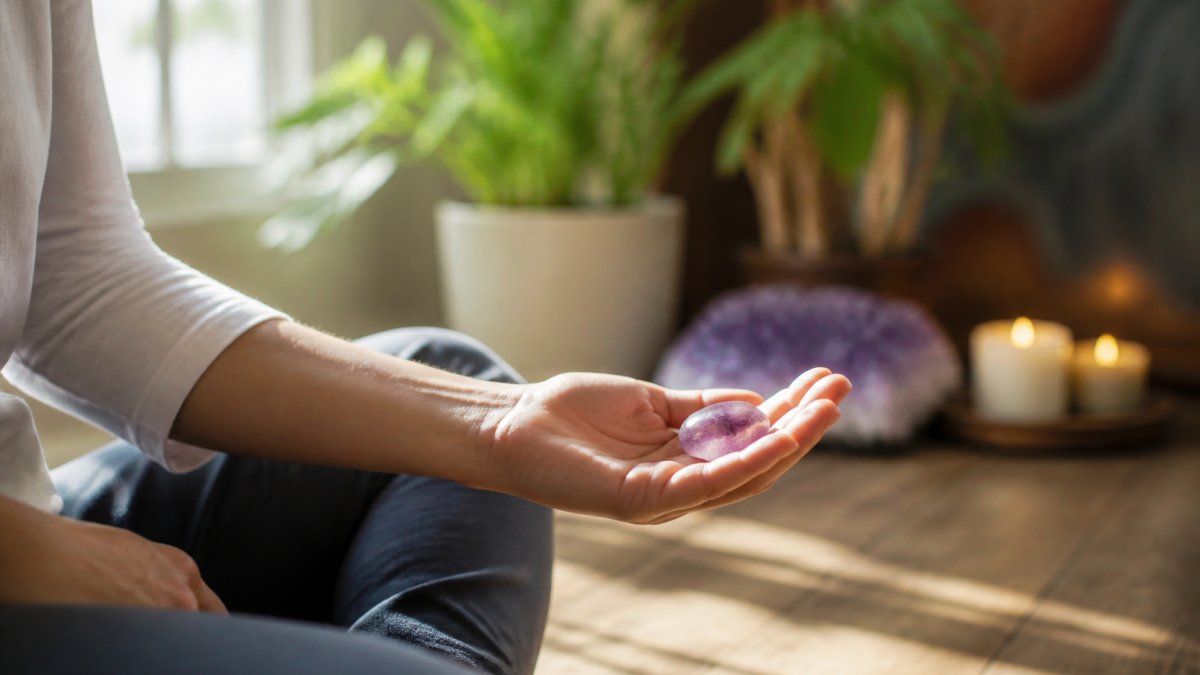 Person holding a smooth amethyst crystal in their palm during a quiet moment of meditation in a sun-lit room with soft natural light
