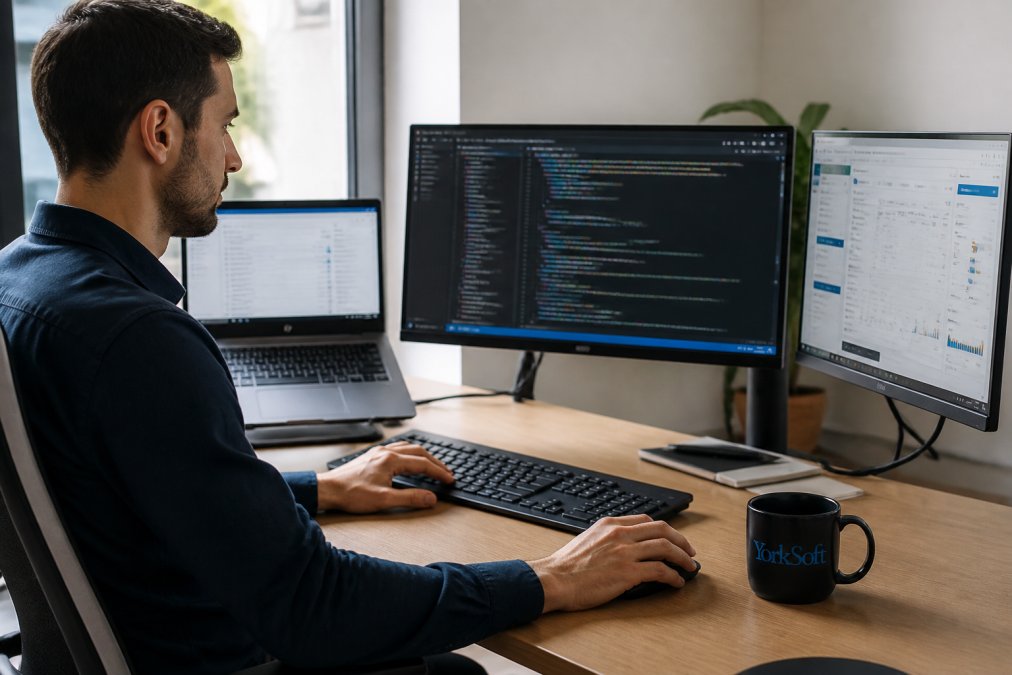 Professional at desk with multiple computer screens displaying different software applications and data dashboards running simultaneously, natural office lighting