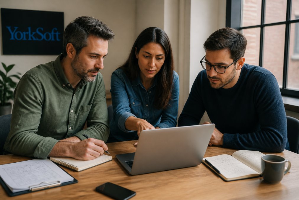 Team of colleagues collaborating in modern office, reviewing workflow automation on laptop with process diagrams and notes visible, natural lighting