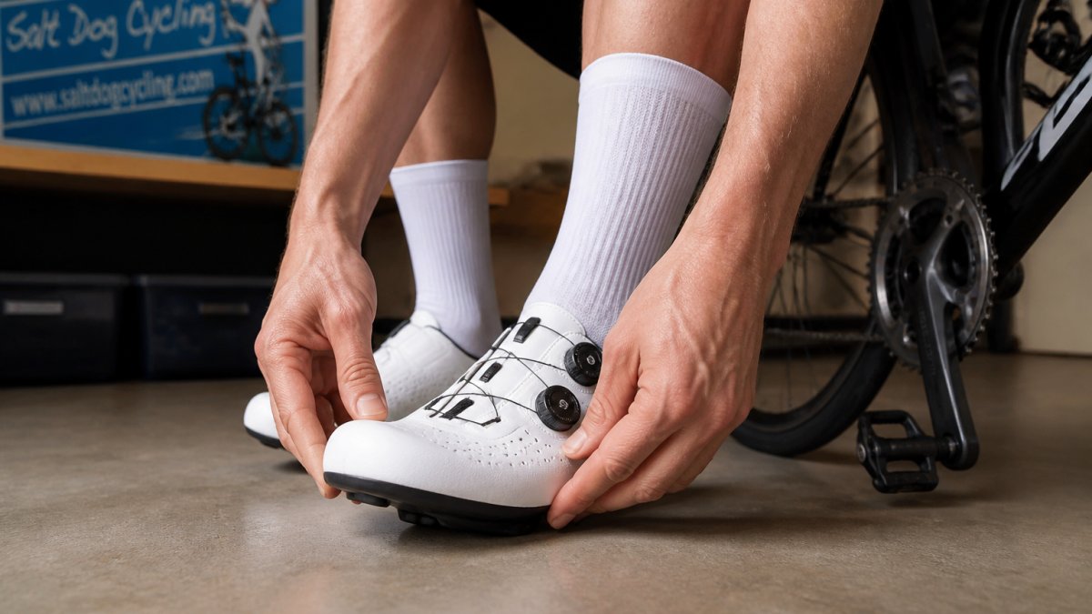 Close-up of a cyclist's hands pressing the toe box of a road cycling shoe while wearing it, checking for room at the front, with the bike and pedal visible in the background