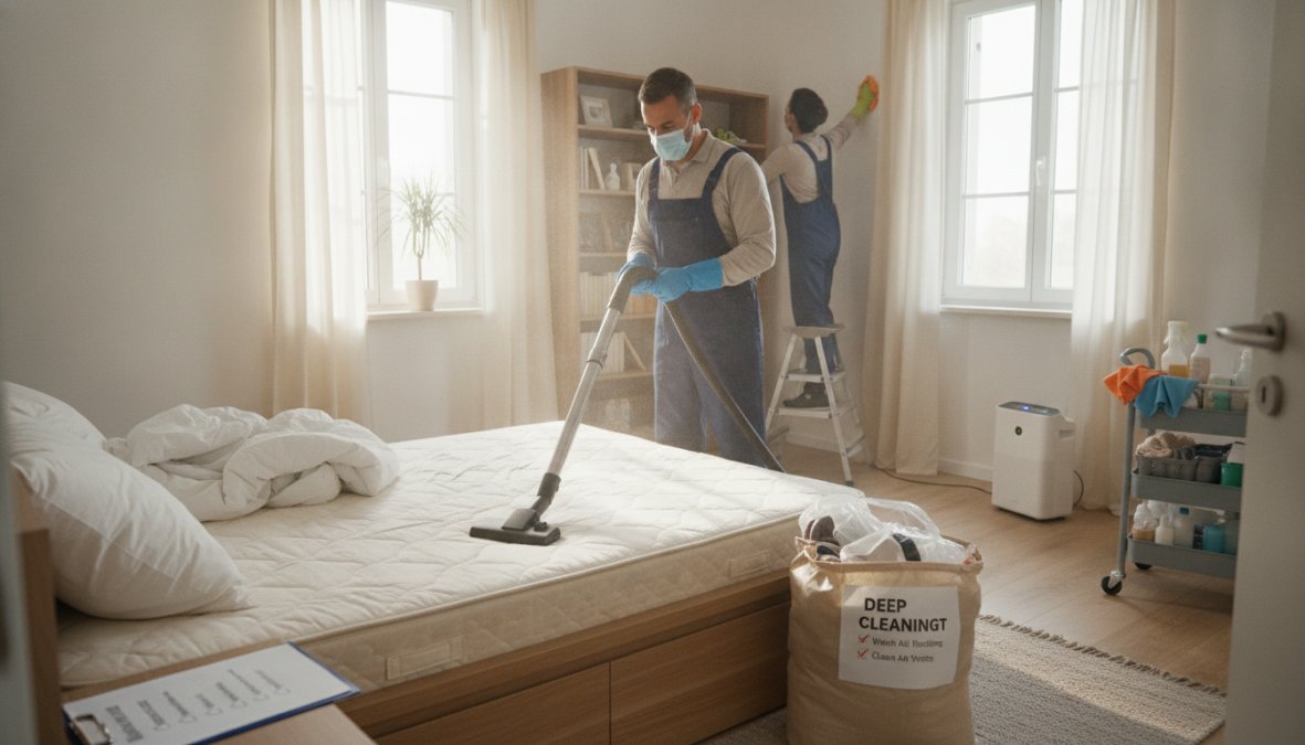 Professional cleaner using [hot water extraction](/why-professional-steam-cleaning-is-healthier/) equipment on carpet in a bright residential bedroom with morning sunlight streaming through the window