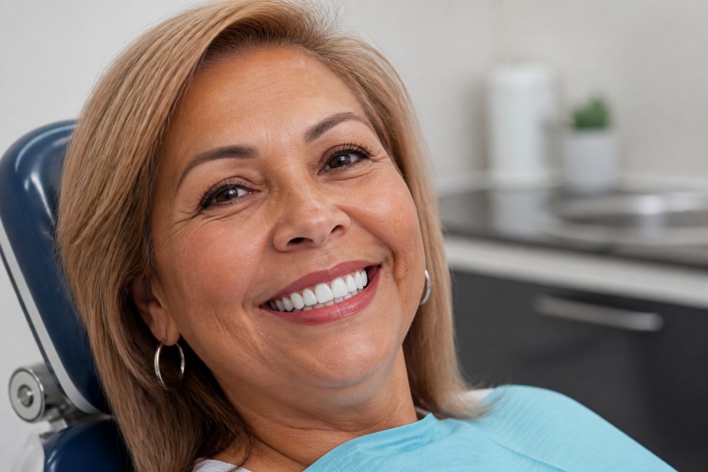 Close-up of a patient smiling confidently, showing natural-looking dental implants that blend seamlessly with surrounding natural teeth in bright, natural lighting