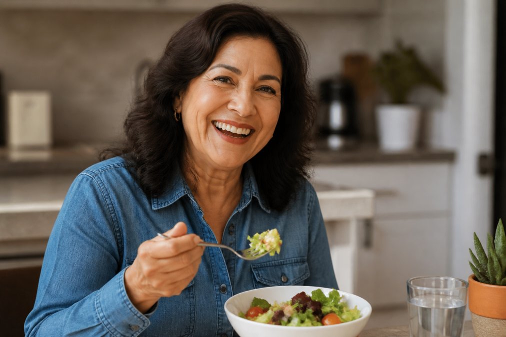 Patient confidently eating and speaking during everyday activities, demonstrating natural function of dental implants with comfortable, relaxed facial expression