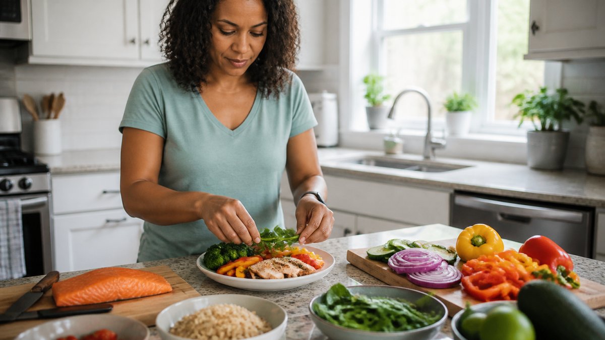 Person preparing a balanced meal of fresh vegetables and lean protein to help reverse type 2 diabetes naturally.