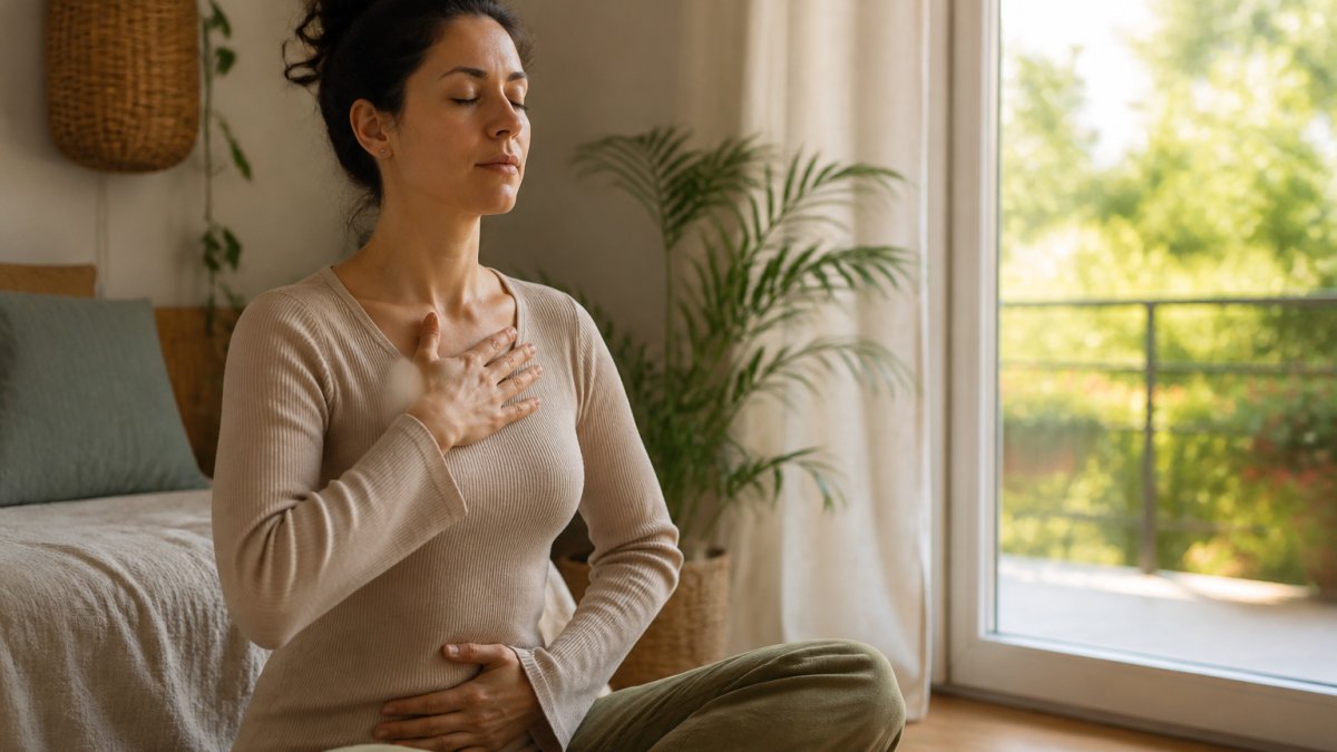 Person sitting peacefully with eyes closed and hand on chest, practicing focused breathing in a quiet room.