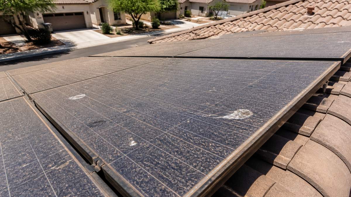Rooftop solar panels covered in desert dust and bird droppings, showing how dirty solar panels look in bright sunlight.