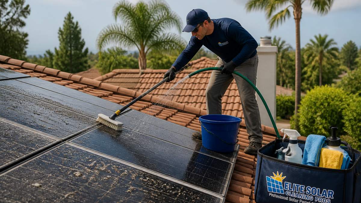 A homeowner using a soft brush and garden hose to gently rinse solar panels on a residential roof, with a bucket of water nearby and safety gear visible