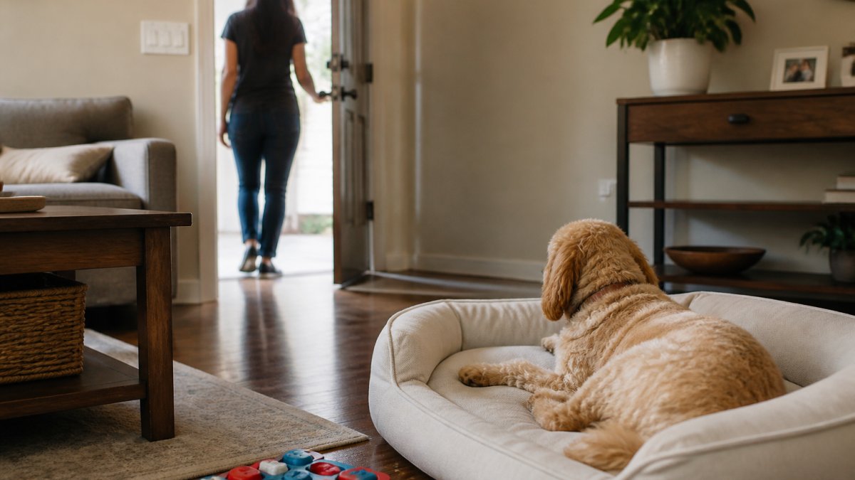 Dog owner calmly leaving a room while their dog rests with a treat puzzle to help manage separation anxiety