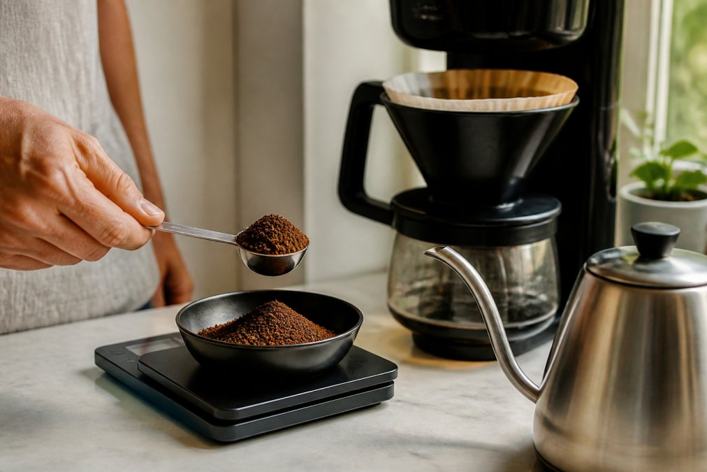 Close-up of ground coffee being measured on a digital scale next to a pouring kettle over a drip machine filter basket, showing precise measurement technique with natural morning light