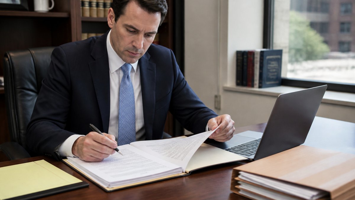 Professional sitting at desk reviewing legal documents and petition forms with pen, laptop, and filing folder visible in modern office setting