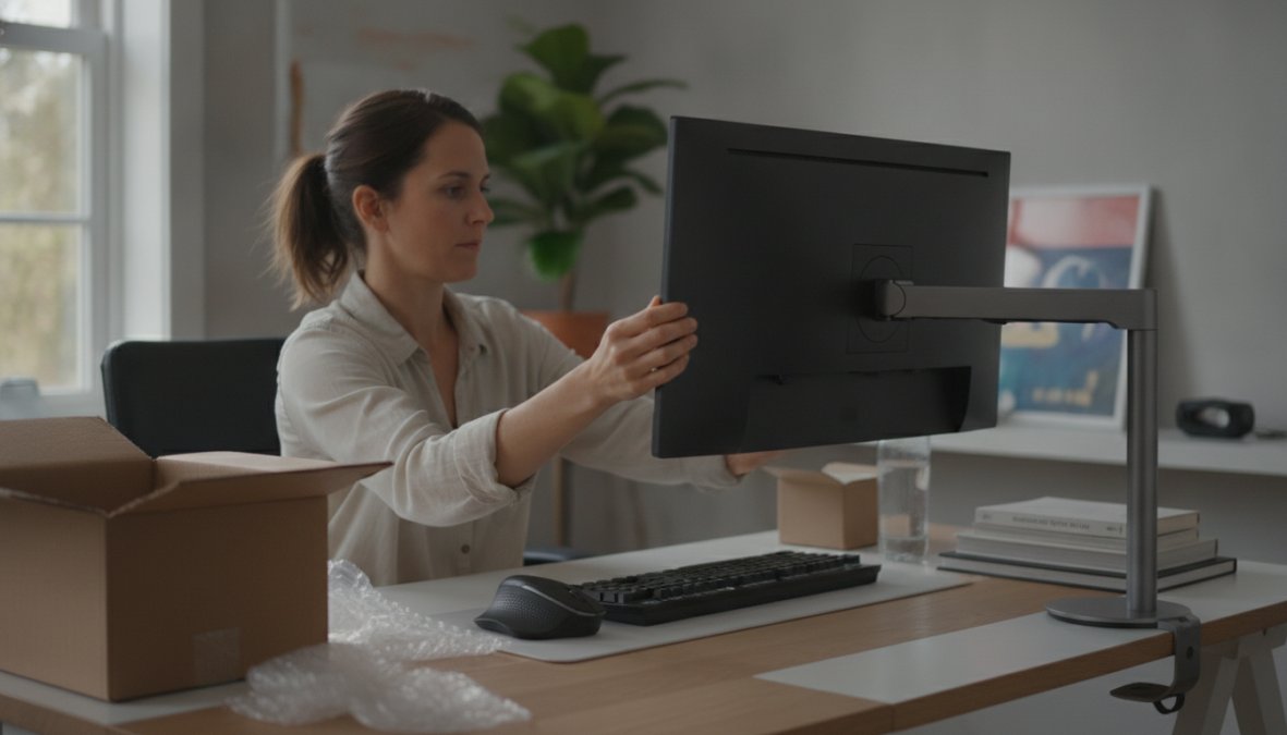Person sitting at desk with monitor positioned at eye level, ergonomic chair with proper lumbar support, and desk lamp providing indirect lighting to minimize screen glare