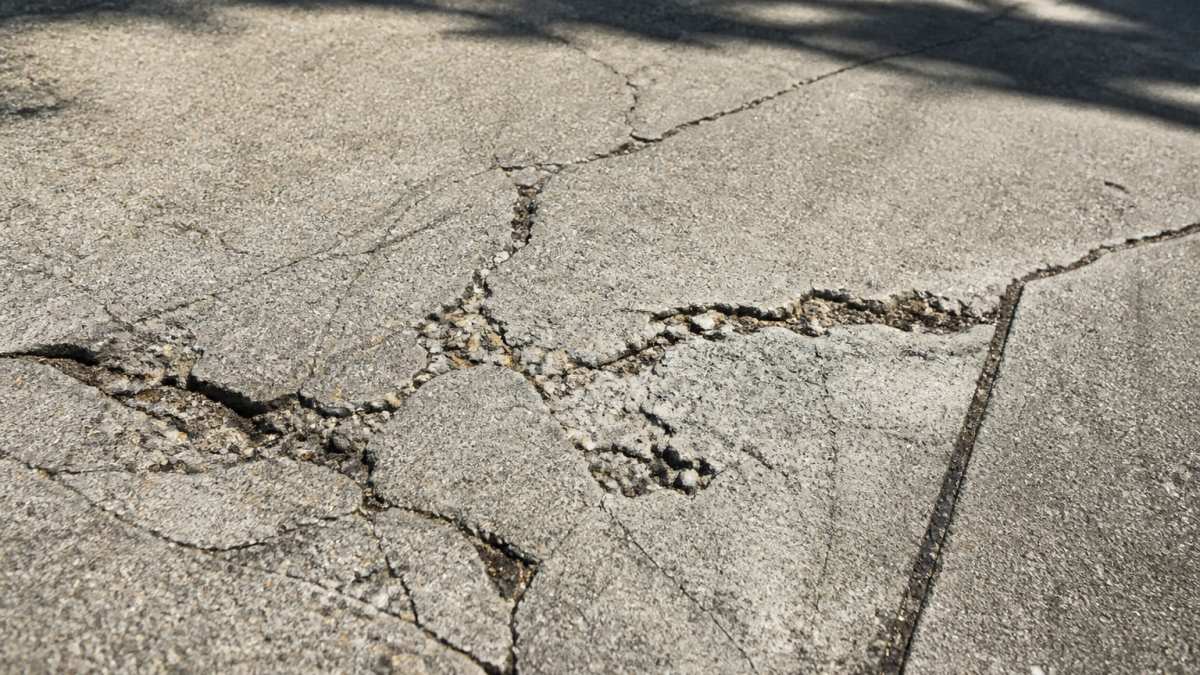 Close-up of concrete driveway surface showing visible cracks, spalling edges, and wear patterns with natural daylight casting shadows across the damaged areas