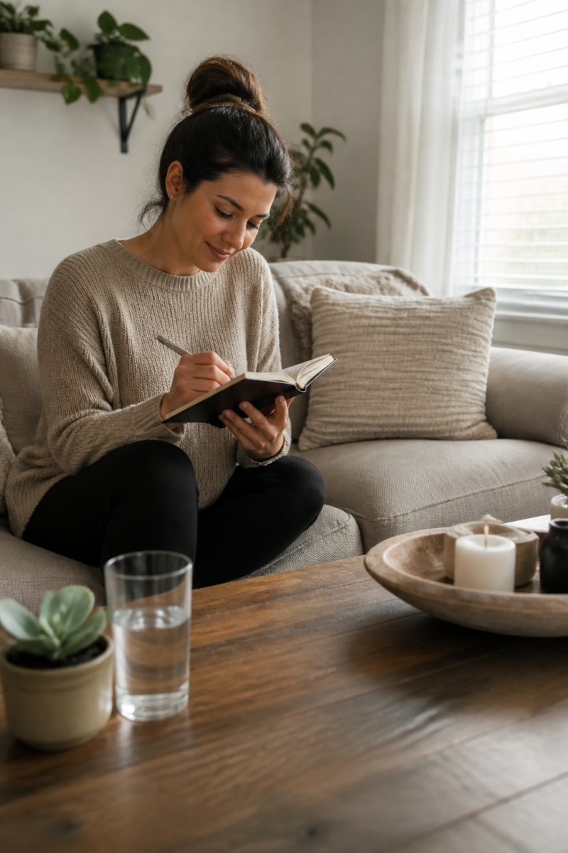Person sitting on a couch with a glass of water and a journal nearby, demonstrating a relaxed anxiety-management routine in a bright, calm home setting with natural lighting