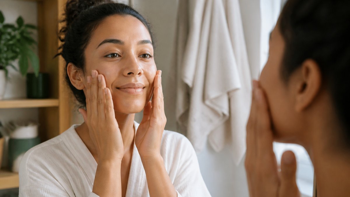 Hands gently pressing facial oil onto the cheeks and forehead in natural light