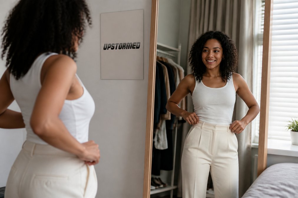 A woman admiring her reflection while adjusting a well-fitted high-waist outfit in a bright, modern dressing room.
