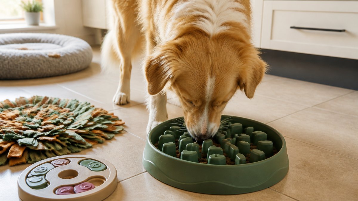 Medium-sized dog eating from a textured slow feeder bowl on a sunny kitchen floor with puzzle toys nearby