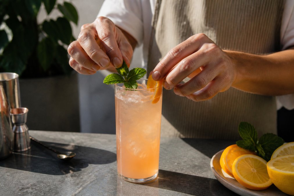Hands garnishing a sophisticated mocktail with fresh mint and citrus peel, fermented shrub soda visible in the glass with ice, minimalist bar counter with natural sunlight