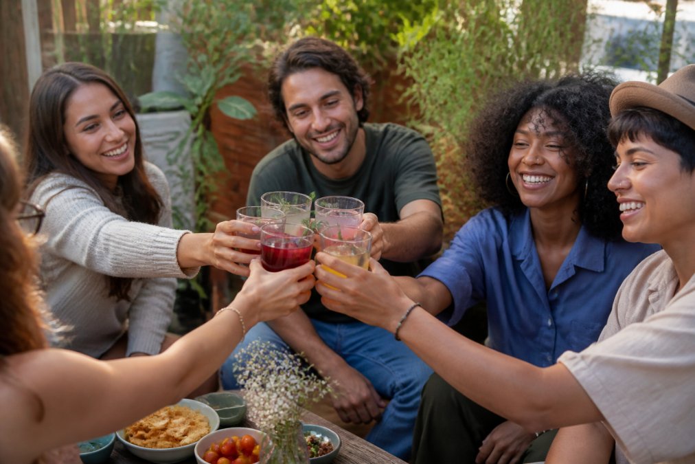 Group of diverse friends toasting with colorful fermented beverages at a casual social gathering, smiling and relaxed, afternoon natural lighting on a patio