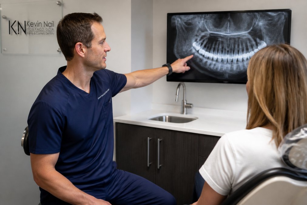 A dentist reviewing a 3D cone beam CT scan on a monitor in a modern dental office, pointing at the jawbone on screen while a patient sits nearby