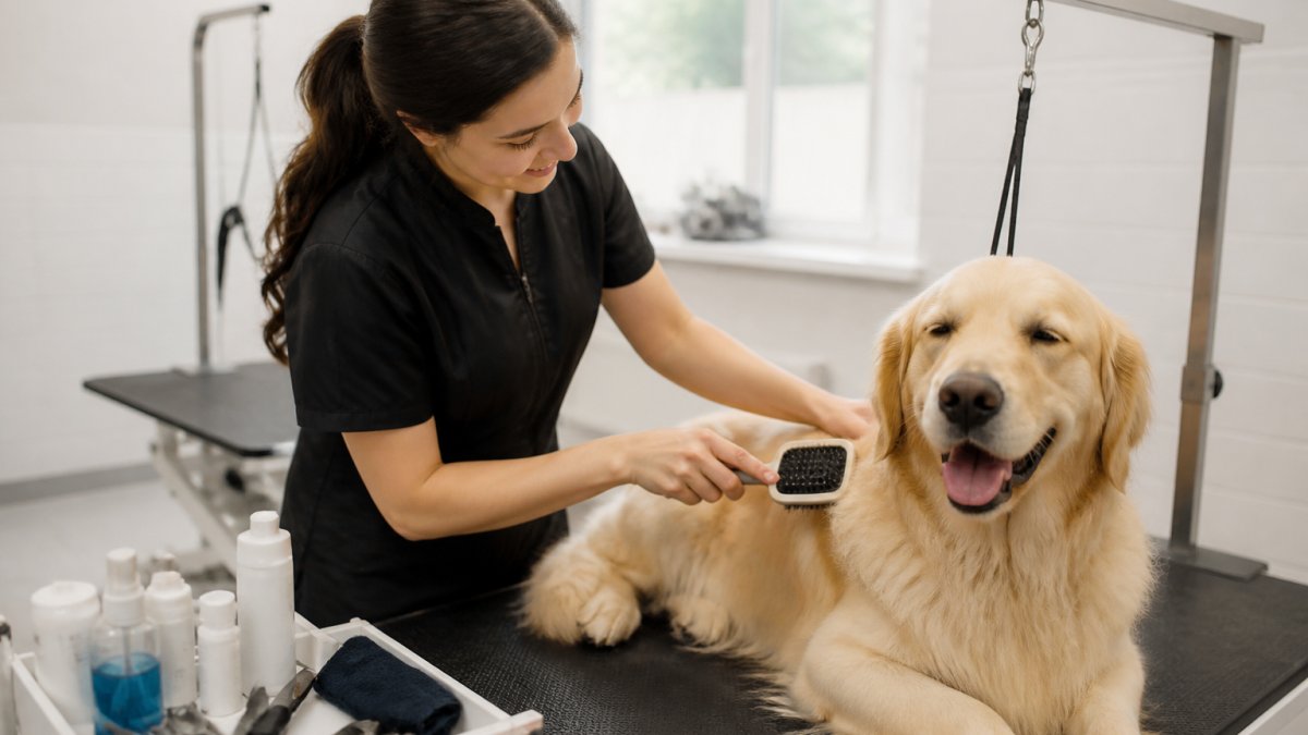 A calm dog being gently brushed by a groomer in a bright, cage-free grooming room, with the dog relaxed and the groomer using slow, reassuring handling