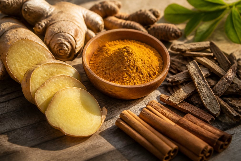 Close-up of fresh ginger root sliced lengthwise, golden turmeric powder in a wooden bowl, dried cramp bark pieces, and cinnamon sticks arranged on a natural wood surface with warm morning sunlight casting shadows