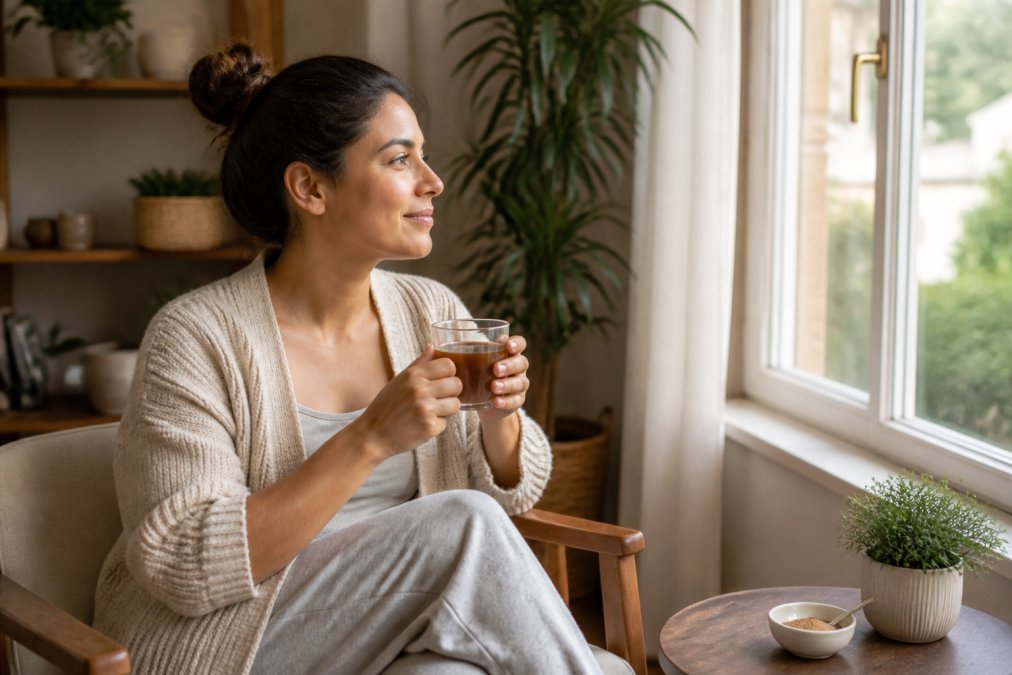 Woman in comfortable home setting holding a glass of herbal powder mixed with warm water or tea, sitting by a window with natural daylight streaming in, appearing relaxed