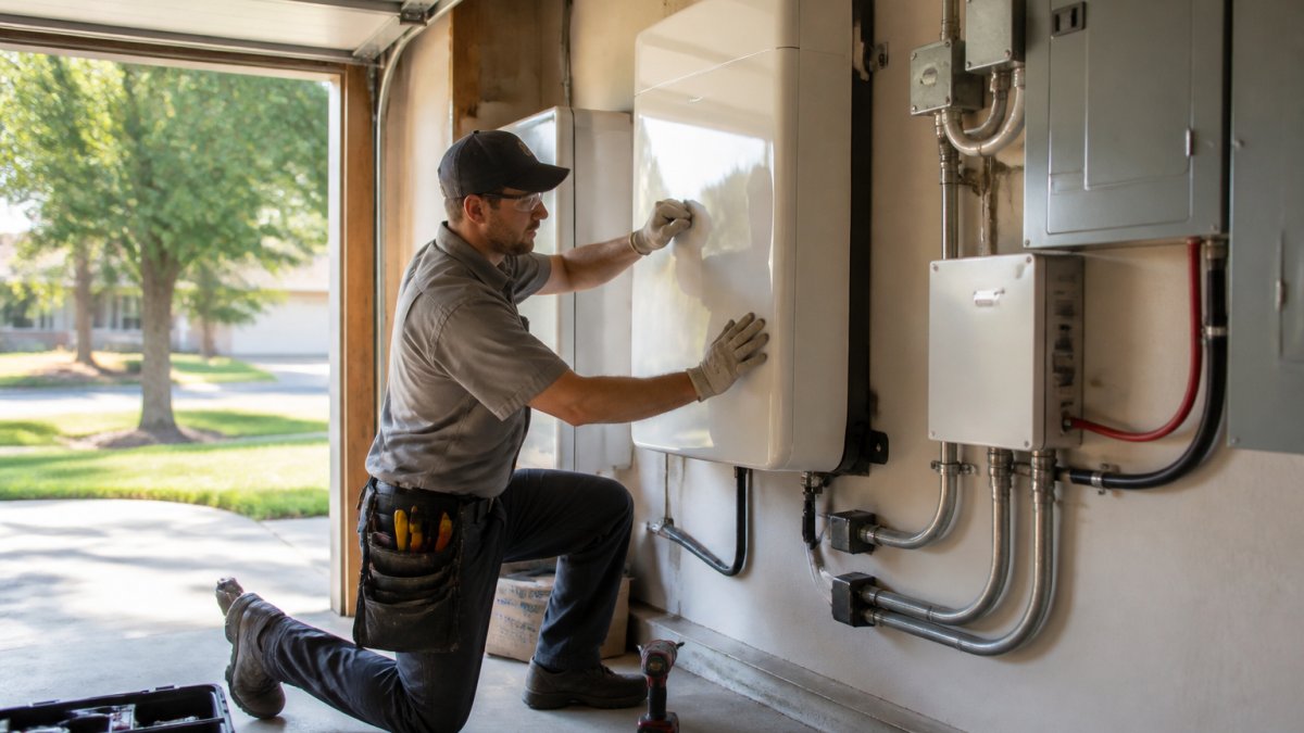 A licensed electrician in safety gear installing a sleek home battery unit on a garage wall, with tools and wiring visible, natural daylight streaming in
