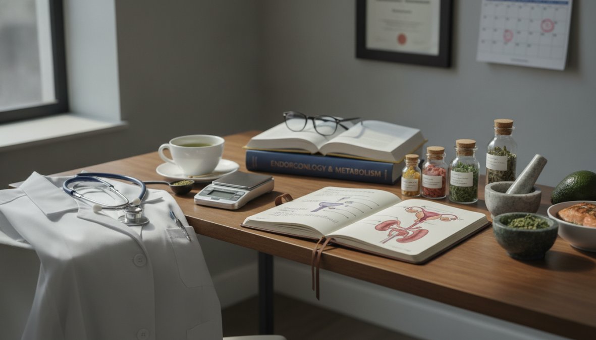 A woman in a wellness clinic consultation room reviewing hormone health documents with a healthcare provider, bright modern medical office setting