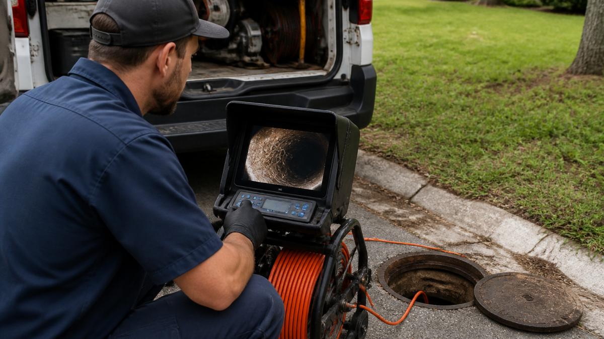 Professional plumber monitoring sewer camera display screen showing tree roots inside a damaged sewer pipe, with camera equipment and cable visible on the ground