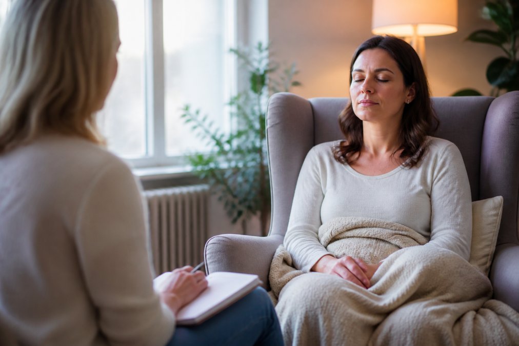 A woman in her thirties sitting comfortably in a softly lit room with eyes closed, a calm and reflective expression on her face, a blanket over her lap, suggesting a therapeutic relaxation session at home