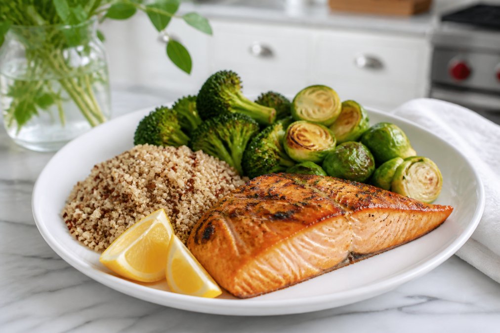 Colorful plate with grilled salmon fillet, roasted broccoli and Brussels sprouts, quinoa, and fresh lemon wedges arranged on white ceramic plate in bright kitchen lighting