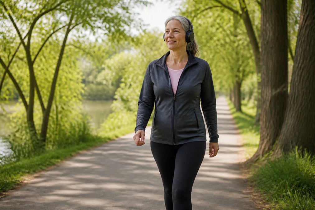 Woman in her 50s performing moderate-paced brisk walk on tree-lined path in morning sunlight, wearing comfortable athletic wear and headphones
