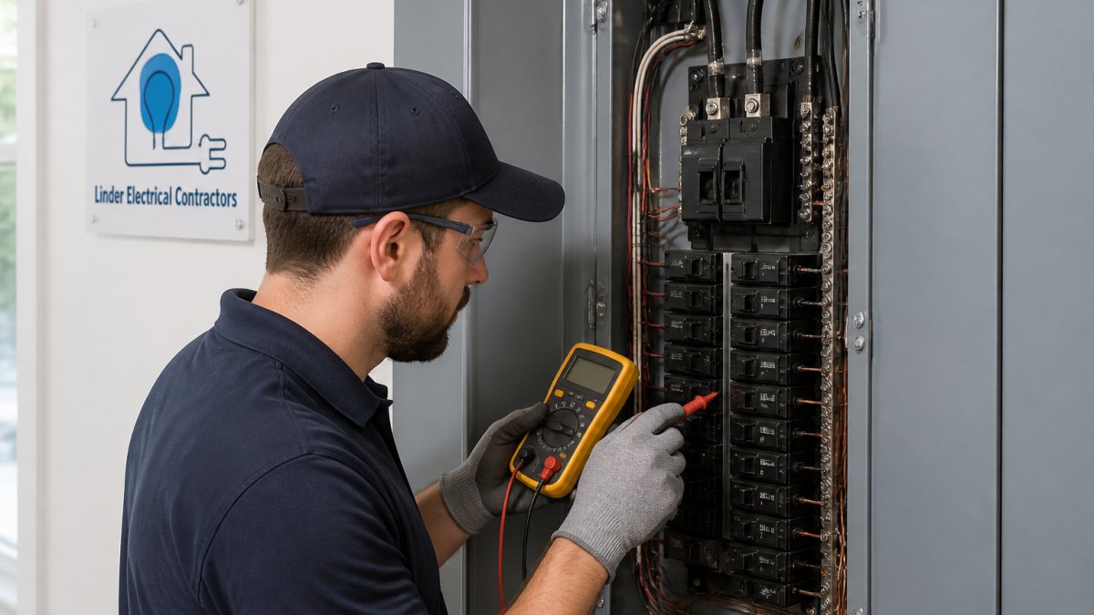 Professional electrician examining a residential electrical service panel with a multimeter, showing the main breaker and individual circuit breakers clearly visible in natural lighting