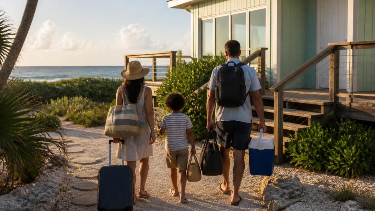 A family arriving at a restored 1950s beachfront cocoa beach villa during sunset