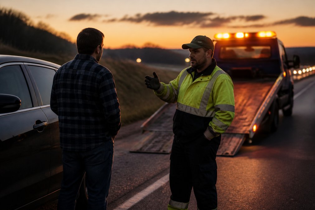 Professional tow truck operator in safety vest communicating with stranded driver beside their vehicle on highway shoulder at dusk, with amber emergency lights reflecting off the asphalt