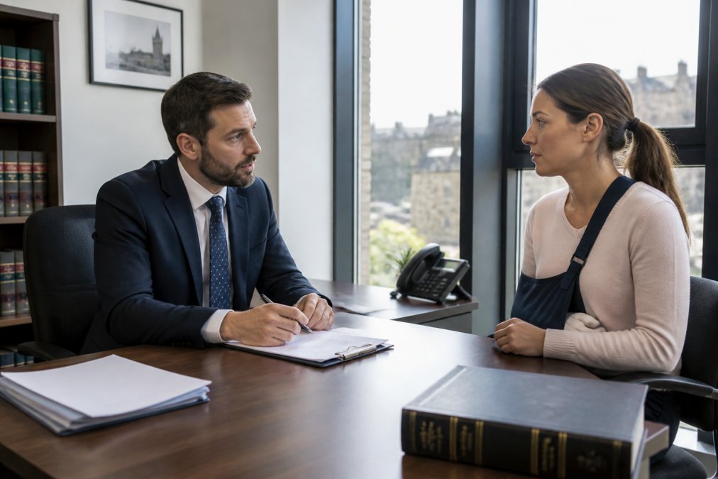 Professional solicitor in an office speaking with a client across a desk, with legal documents and a computer visible, natural lighting from office windows