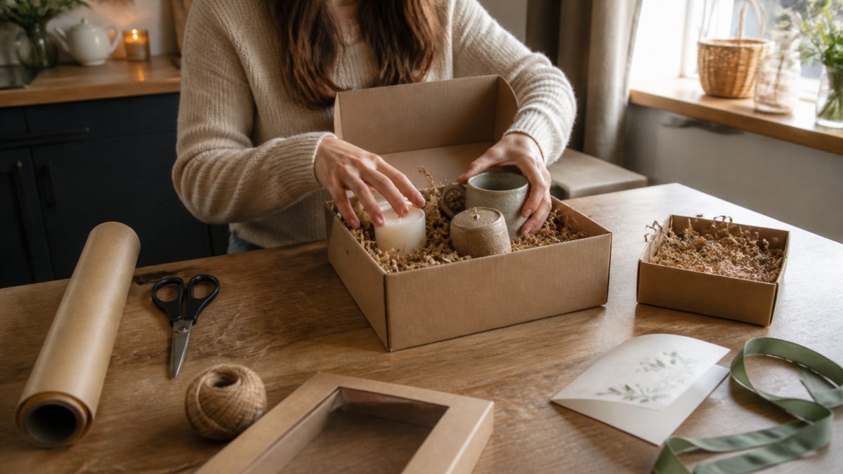 A person at a kitchen table arranging chocolates, a candle and a mug into an open gift box, with a handwritten card resting beside it, soft afternoon light through a window