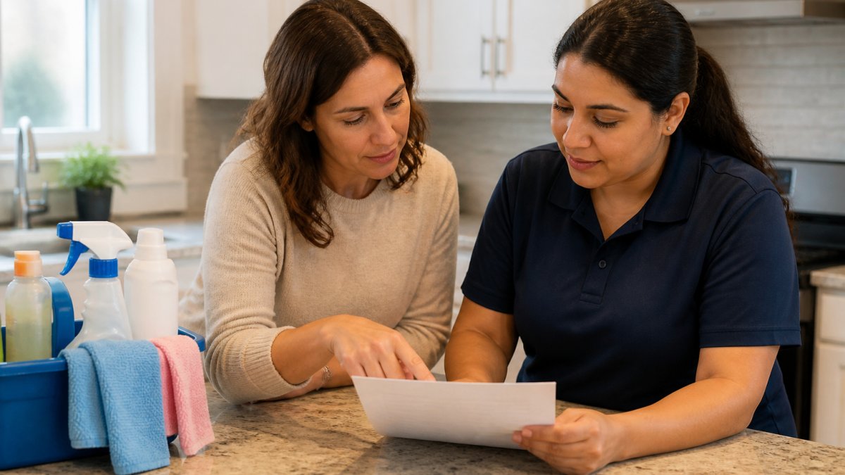 A homeowner and a professional cleaner reviewing a printed room-by-room cleaning checklist together at a kitchen counter in a bright home