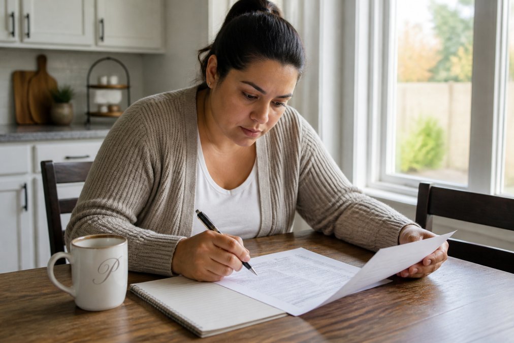Person sitting at a table reviewing a printed quitclaim deed form as part of a step-by-step filing process.