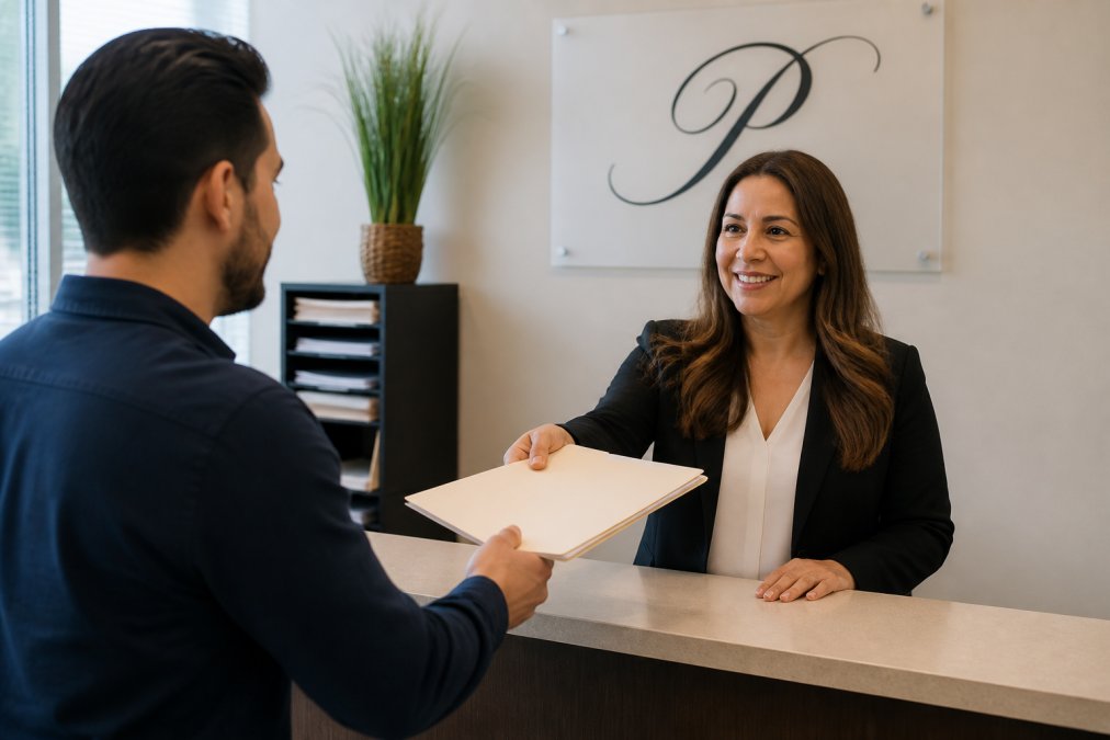 A person handing a folder of documents to a professional at a service counter in a bright office