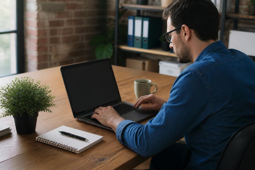 Small business owner at a desk working on a laptop, reviewing Google Business Profile on screen with a notepad and coffee nearby, natural office lighting