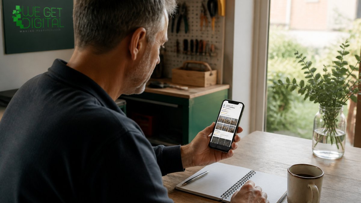 Can I Do Local SEO Myself? A Practical Guide 1 a small business owner at a tidy workshop desk, smartphone in hand showing a business listing with photos and reviews, notebook and mug nearby, natural daylight through the window