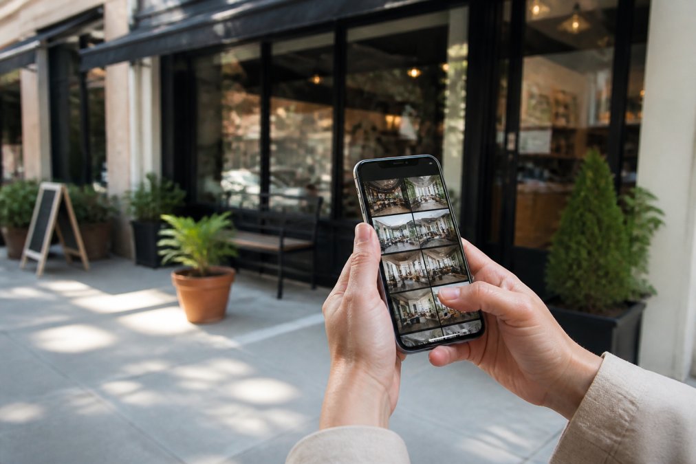 Close-up of hands holding a smartphone displaying high-quality business photos in a gallery view, with a professional storefront visible in the background, natural daylight