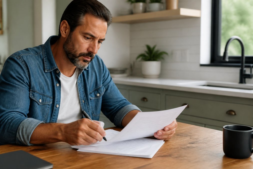 A person reviewing loan documents with a pen at a bright kitchen table, showing a calm and focused expression